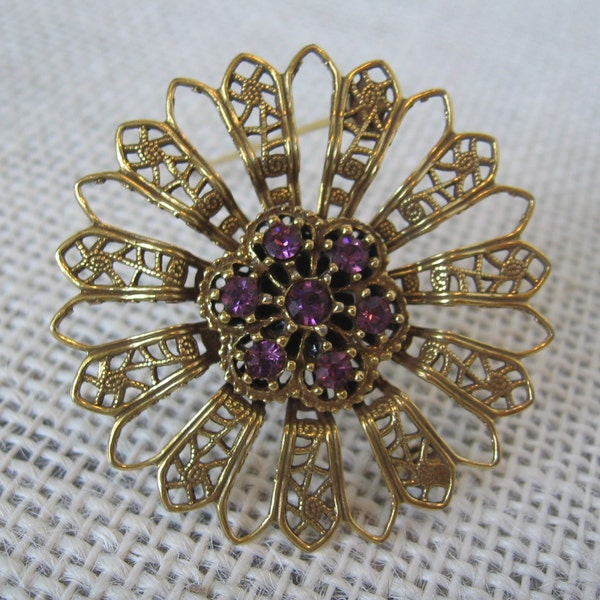 Star Burst Purple and Gold Brooch or Lapel Pin, Ornate Round, Vintage Before 1990's, MyVintageTable