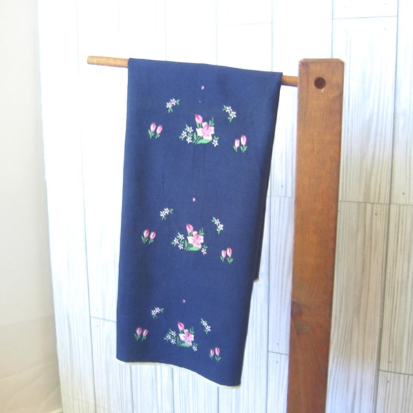 Navy Blue Floral Guest Bath Towel with Pink Embroidered Flowers, Decorative Hand Dish Tea Towel, Vintage Linens, MyVintageTable
