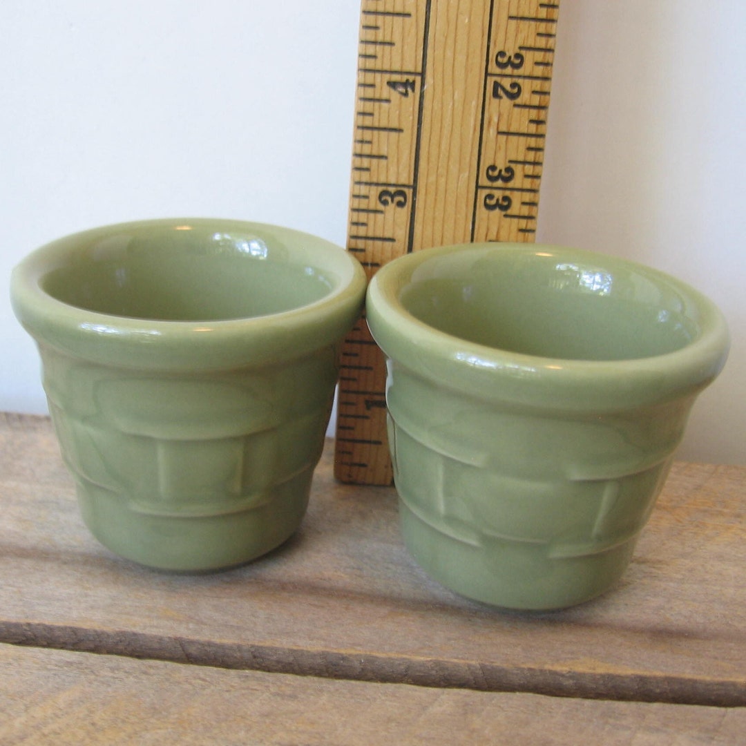 Vintage Longaberger Votive Candle Holders Set of 2 Green Pottery Woven