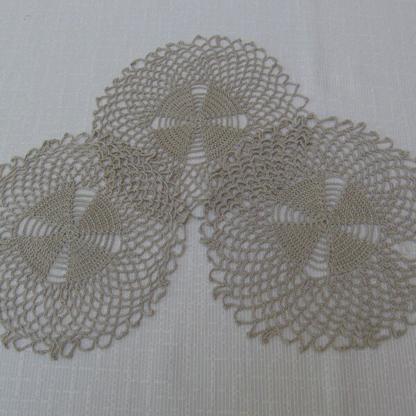 3 Matching Taupe Gray Crochet Doilies, 6 1/4 Inch Round Vanity Scarfs, Vintage Bedroom Linens, MyVintageTable