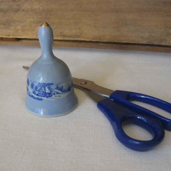 Small Blue Ceramic Bell with a Winter Scene, 3 1/4 Inch Collectible Christmas Bell, Holiday Tiered Tray Accent, MyVintageTable