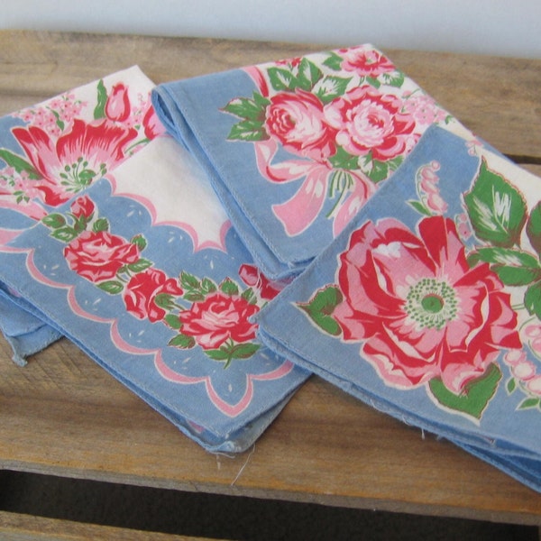 6 Blue and Pink Floral Cotton Hankies, Crafting Sewing Colorful Coordinating Patterns, MyVintageTable
