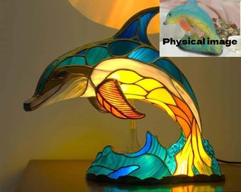 Lámpara de mesa de resina con forma de delfín: luz nocturna inspirada en el océano, un detalle decorativo para el hogar.