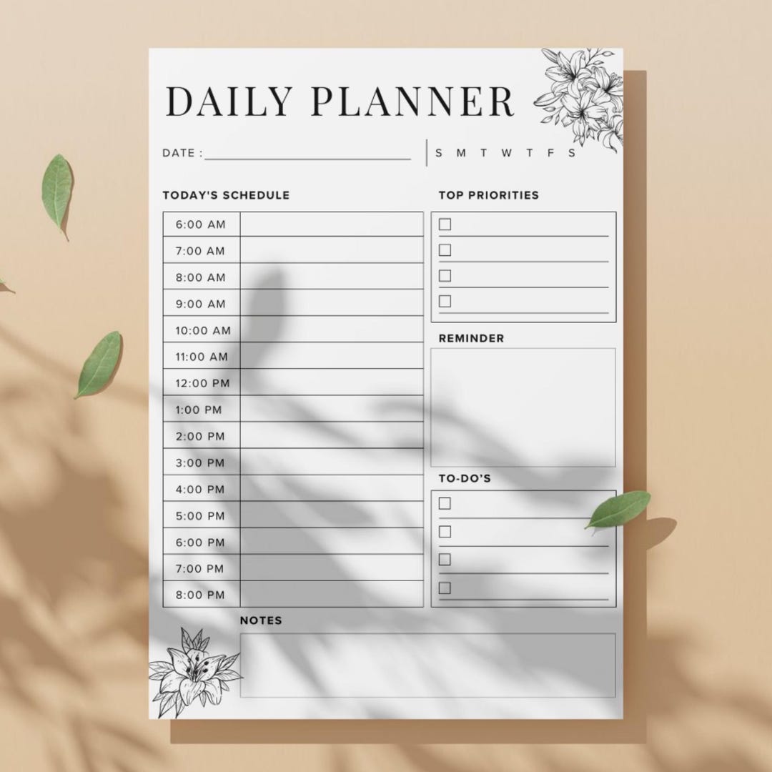 Simple Minimal Floral Daily Planner | Printable Undated Planner Page ...