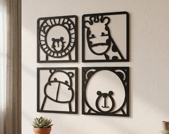 3D Printed Animal Nursery Wall Art | Set of 4 | Lion Giraffe Hippo Bear | Modern Minimalist Kids Room Decor