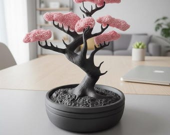 3D Printed Bonsai Tree Sculpture | Pink Blossom Zen Decor
