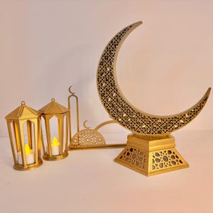 Gold Islamic Decor Set — Ramadan Decoration | Eid Home Decor | Crescent Moon Mosque Lantern Set | Muslim Gift | Prayer Room Accent