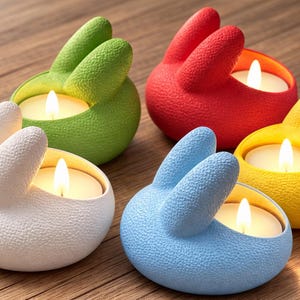 Könnte beinhalten: Fünf farbenfrohe, hasenförmige Kerzenhalter in Grün, Rot, Gelb, Weiß und Blau. Jeder Halter hat eine strukturierte Oberfläche und enthält eine brennende weiße Kerze. Die Halter sind auf einer Holzoberfläche angeordnet.