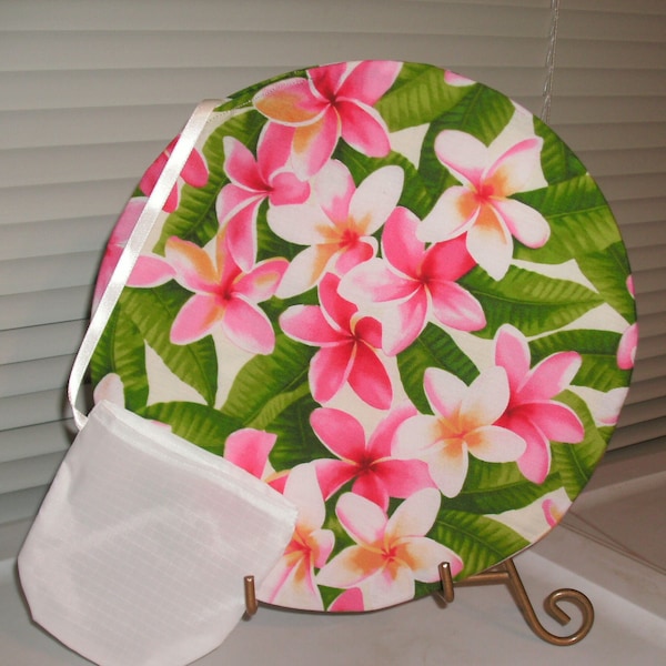 Hawaiian Plumeria Fold-Up Hand Fan with Attached Pouch