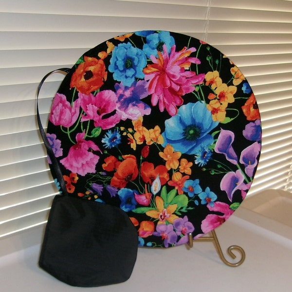 Flowers Fold Up Hand Fan with Attached Pouch