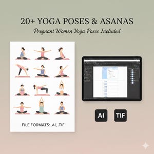 May include: A digital illustration featuring yoga poses and asanas, including poses for pregnant women. The image includes a tablet displaying a design program, and the file formats are .AI and .TIF.