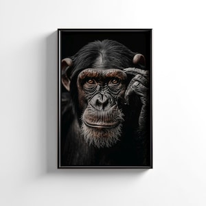 May include: A framed portrait of a chimpanzee. The chimpanzee has dark fur, brown eyes, and a thoughtful expression. The chimpanzee is touching its forehead with its right hand. The frame is black.