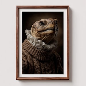 May include: A framed portrait of a turtle wearing a brown cable-knit sweater and a white ruffled collar. The turtle's head is turned slightly, with a serious expression. The background is a dark, blurred gradient.