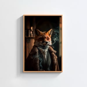 Può includere: Stampa artistica incorniciata raffigurante una volpe in abito, che fuma un sigaro. La volpe ha una pelliccia arancione e indossa un abito scuro con un cappotto bordato di pelliccia. Il fumo si avvolge attorno al sigaro, creando un'immagine sofisticata.