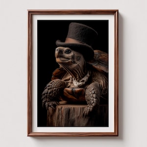 May include: A framed art print featuring a tortoise wearing a black top hat and a collared shirt. The tortoise is perched on a wooden stump against a black background. The artwork has a whimsical and anthropomorphic theme.