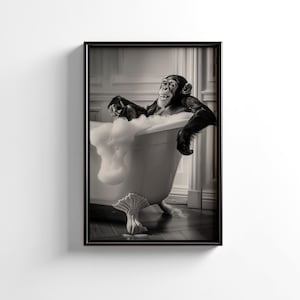 May include: Black and white framed print featuring two chimpanzees relaxing in a claw-foot bathtub filled with bubbles. The image captures a humorous scene with the primates enjoying a bath, creating a whimsical and artistic decor piece.