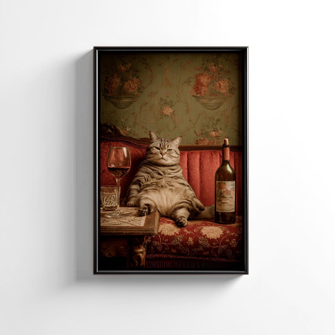 Funny Cat Wine Wall Art | Tabby Cat on Victorian Sofa Poster | Digital ...