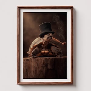 May include: A framed art print featuring a tortoise wearing a black top hat and smoking a pipe. The tortoise is perched on a wooden block, with smoke rising from the pipe. The artwork has a vintage, whimsical feel.