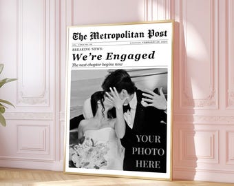 Custom Engagement Newspaper Print – Personalized “We’re Engaged” Announcement Poster – Printable Photo Gift
