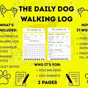 Può includere: Stampa digitale gialla intitolata "THE DAILY DOG WALKING LOG" con illustrazioni di cani. Il registro include sezioni per profili di cani, registri delle passeggiate, note comportamentali, note di addestramento e note igieniche. Per dog sitter e genitori di cani.