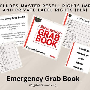 Può includere: Una collezione di modelli digitali "Emergency Grab Book" in bianco e rosso. I modelli includono sezioni per informazioni personali, assistenza sanitaria, lavoro/scuola, animali domestici, casa e dettagli finanziari. Il testo "Includes Master Resell Rights (MRR) and Private Label Rights (PLR)" è visibile.
