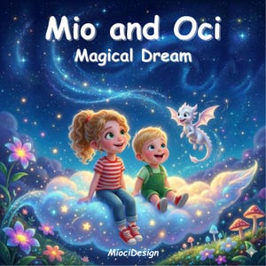 Puede incluir: Ilustración digital de dos niños sentados en una nube bajo un cielo estrellado. La niña lleva una camiseta a rayas rojas y blancas y vaqueros, el niño lleva un peto verde. Un dragón blanco vuela cerca. El texto dice "Mio and Oci Magical Dream."