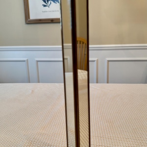 May include: A tall, rectangular mirror with a dark brown frame. The mirror is standing upright on a textured, off-white surface. The mirror's reflective surface is visible, and the frame has a polished finish. The mirror is a decorative home decor item.