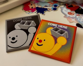 Come here, CLOWN with Cinderblock meme button