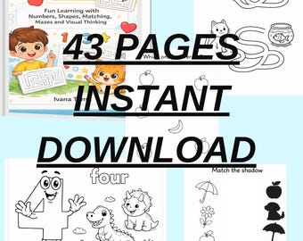 Może przedstawiać: Książka z zadaniami dla dzieci zatytułowana "My First Logic Activity Book" z tekstem "43 STRONY NATYCHMIASTOWE POBIERANIE". Zawiera labirynty, kształty i dopasowywanie dla dzieci w wieku 3-6 lat.