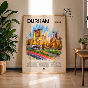 May include: A vertical poster featuring a watercolour-style illustration of the Durham, North Carolina skyline. The artwork displays city buildings, a highway with light trails, and text including the city name, coordinates, and historical facts.