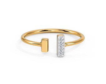 14K Yellow Gold Open Bar Diamond Ring | Minimalist Diamond Cuff Ring | Modern Geometric Gold Ring | Elegant Everyday Jewelry