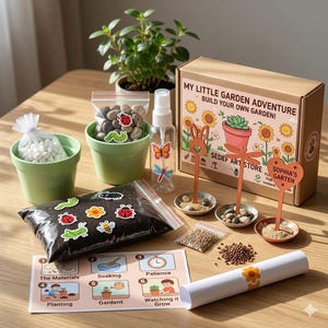 May include: A My Little Garden Adventure kit featuring a cardboard box, two light green pots, a spray bottle, a bag of soil with insect stickers, small bags of seeds and stones, three plant markers, and an instructional sheet with six steps.