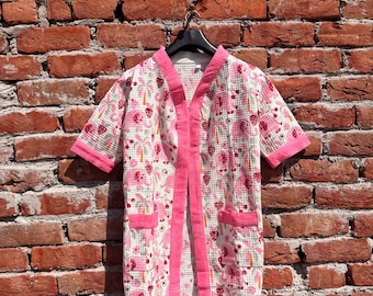Pink Printed Cotton Robe | Lightweight Summer Robe | Handmade Short Sleeve Kimono | Floral Lounge Wear | Women’s Bathrobe Gift