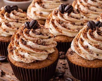 May include: Close-up of coffee-flavored cupcakes with white frosting, cocoa powder dusting, and coffee beans on top. The cupcakes are in brown paper liners and sit on a wooden surface. A small bowl of cocoa powder is in the background.