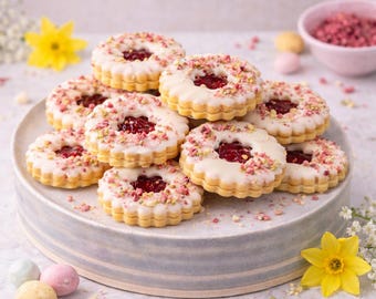 Frambozenboterkoekjes met witte chocolade en pistachenoten (pdf-recept afdrukbaar)