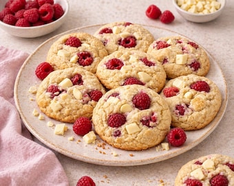 Frambozenkoekjes met witte chocolade – zachte en taaie koekjes in bakkerijstijl (afdrukbare pdf)