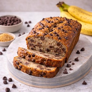 May include: A sliced loaf of banana bread studded with chocolate chips, resting on a light gray serving platter. A bowl of chocolate chips and a bowl of brown sugar are in the background, along with a bunch of bananas.