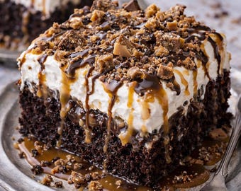 May include: A slice of chocolate cake with white frosting, caramel, and chocolate sauce, topped with toffee bits. The cake sits on a silver plate, with a fork visible on the right side. The cake is rich and decadent.