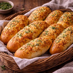 Puede incluir: Una cesta llena de pan de ajo recién horneado. Los panes dorados están cubiertos con queso derretido y hierbas. La cesta está sobre una superficie de madera, con un pequeño cuenco de hierbas en el fondo.