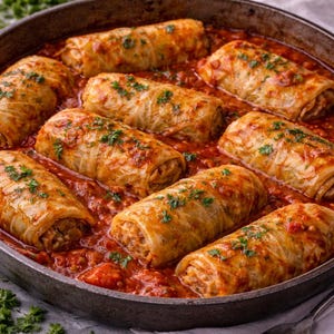 Op de afbeelding: Een close-up van een pan gevuld met gevulde koolrolletjes in een rijke tomatensaus. De rolletjes zijn goudbruin, met zichtbare koolbladeren. Verse peterselie is eroverheen gestrooid. Een stevige, huisgemaakte maaltijd.