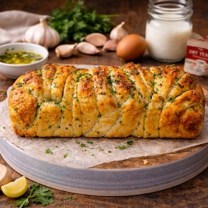 Könnte beinhalten: Ein goldbraunes Knoblauchbrot, bestreut mit grünen Kräutern, liegt auf einem runden Servierbrett. Knoblauchzehen, Petersilie, ein Ei und ein Glas Milch sind im Hintergrund angeordnet.