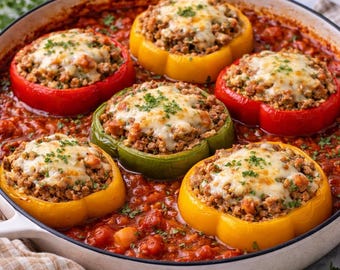 May include: A white pan filled with six stuffed bell peppers in a tomato sauce. The peppers are red, yellow, and green, filled with a meat mixture, and topped with melted cheese and parsley.