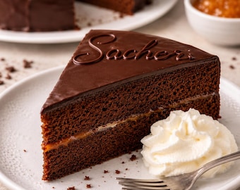 May include: A slice of Sachertorte cake on a white plate, topped with chocolate icing and the word "Sacher". The cake has a layer of apricot jam and is served with whipped cream and a fork. Other slices of cake are in the background.