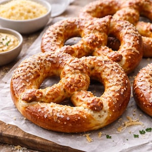 May include: Close-up of several golden-brown pretzels topped with coarse salt and shredded cheese. Two small bowls of cheese and a dipping sauce are in the background. The pretzels are on parchment paper.