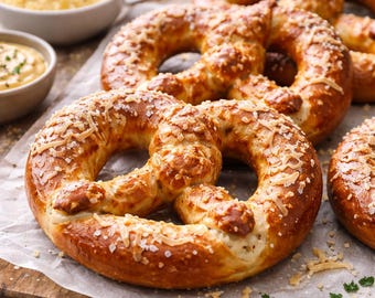 May include: Close-up of several golden-brown pretzels topped with coarse salt and shredded cheese. Two small bowls of cheese and a dipping sauce are in the background. The pretzels are on parchment paper.