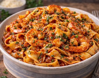 Knoflookgarnalenpasta in tomatensaus – Mediterraan recept voor pasta met zeevruchten | Digitale bestanden