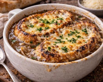 May include: A bowl of French onion soup with melted cheese on top of toasted bread. The soup is in a white ceramic bowl with a handle. Fresh parsley is sprinkled on top of the cheese. A spoon rests on a wooden cutting board.