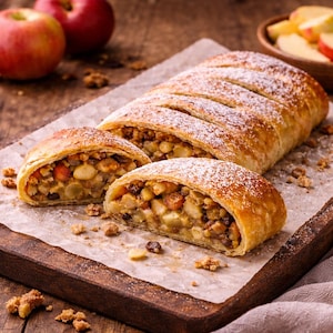 Può includere: Uno strudel di mele a fette, spolverato con zucchero a velo, su carta forno su un tagliere di legno. La pasta dorata è ripiena di mele, noci e uvetta. Due mele rosse sullo sfondo.