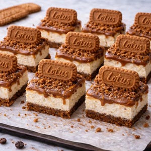 May include: A close-up shot of several square cheesecakes topped with a caramel drizzle, cookie crumbs, and a Lotus biscuit. The cheesecakes sit on a parchment-lined surface, with a few loose crumbs and coffee beans scattered around.
