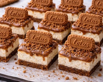 May include: A close-up shot of several square cheesecakes topped with a caramel drizzle, cookie crumbs, and a Lotus biscuit. The cheesecakes sit on a parchment-lined surface, with a few loose crumbs and coffee beans scattered around.